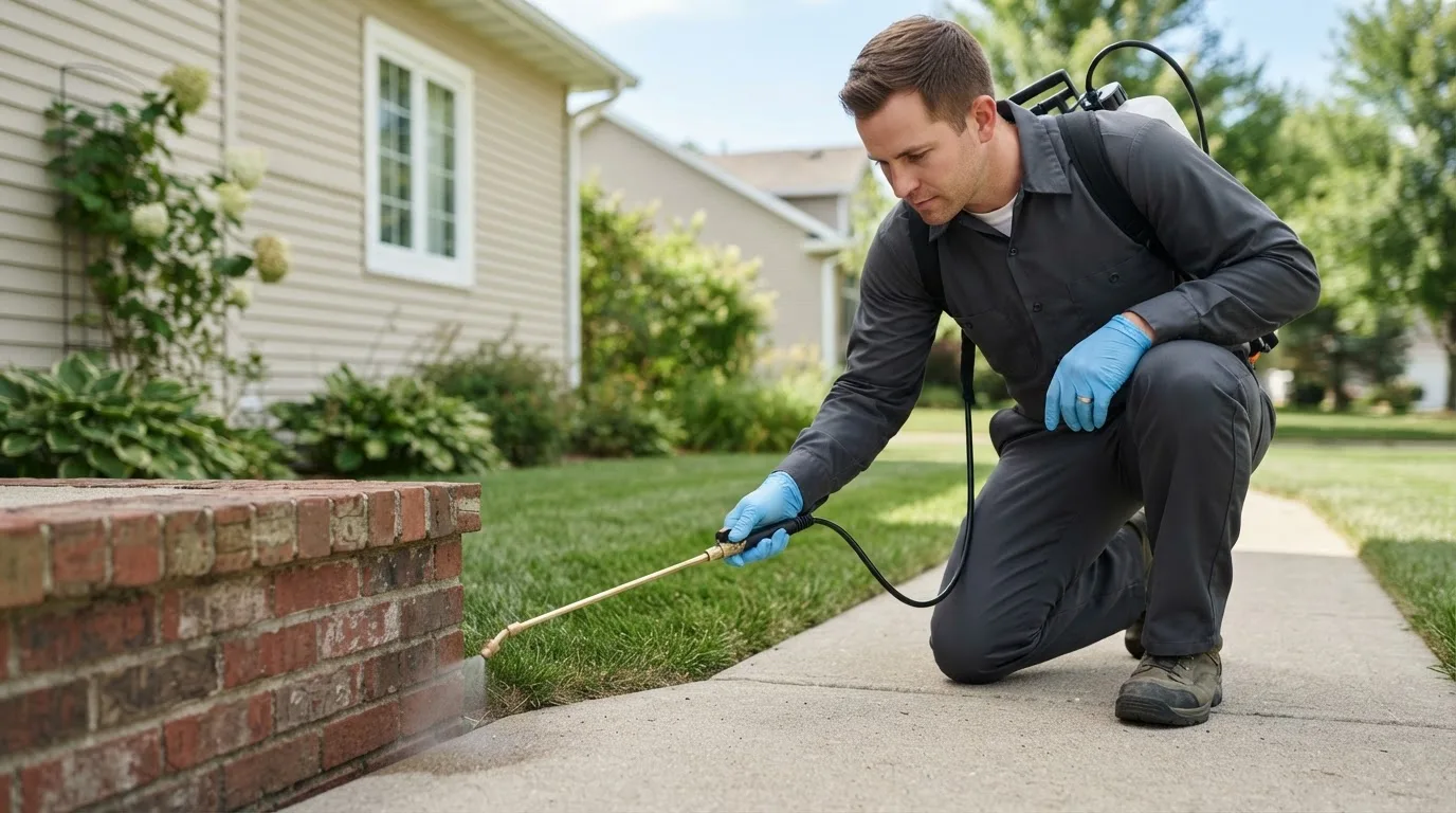 Pest control technician treating a home near Cooperstown, ND
